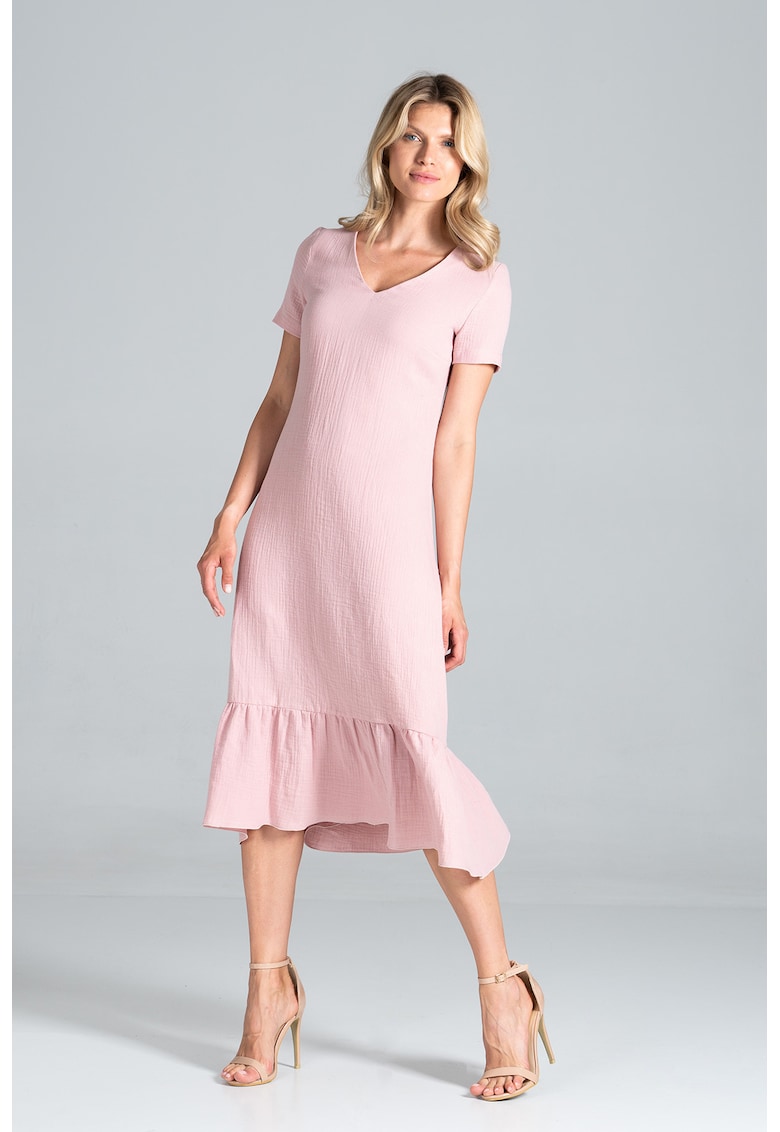Rochie midi -  volane - roz - muselina - bumbac
