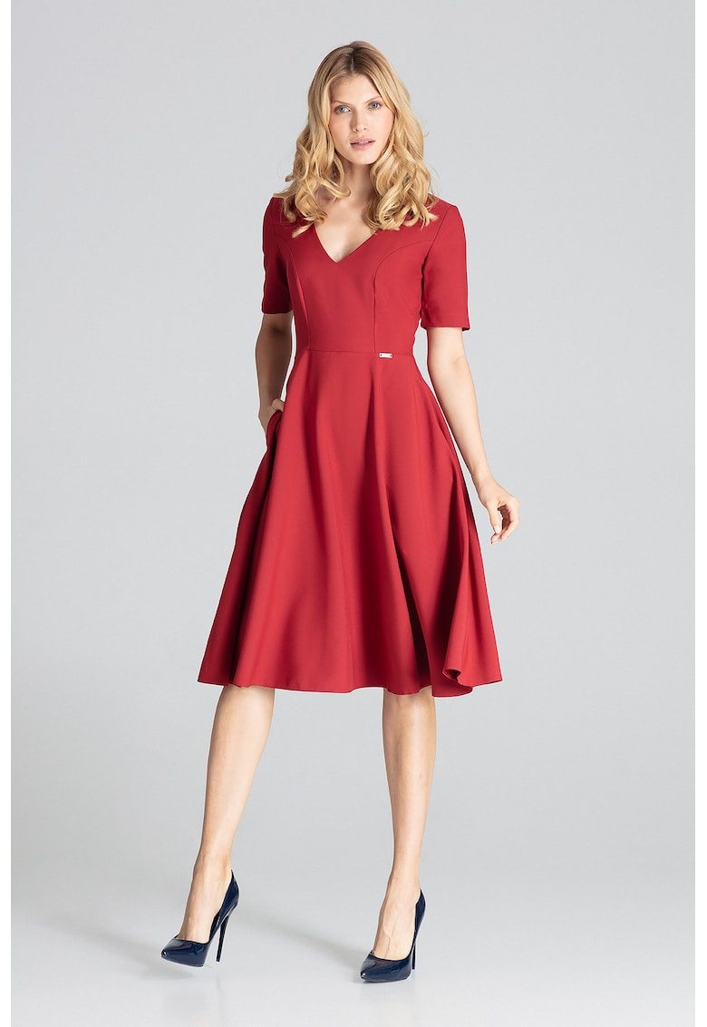 Rochie midi  M673 rosie - maneci scurte - confortabila - poliester 100% -