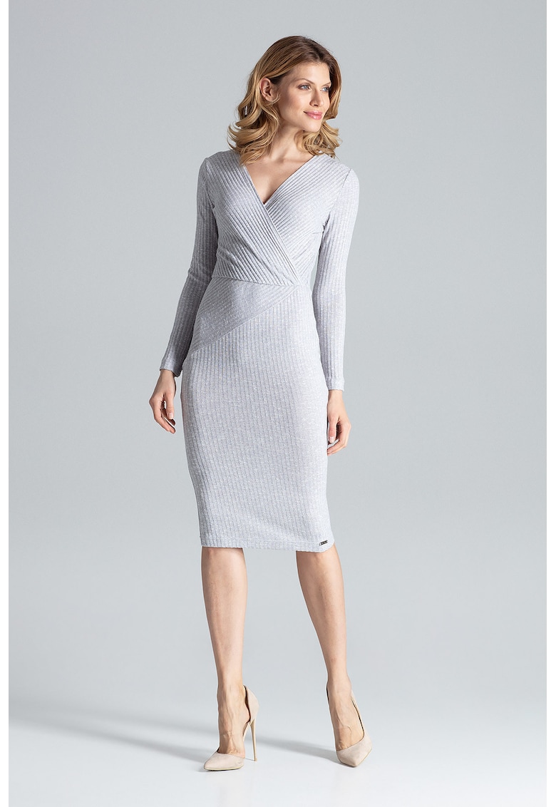 Rochie midi  gri - maneci lungi - 65% viscoza - 30% poliester - 5% elastan