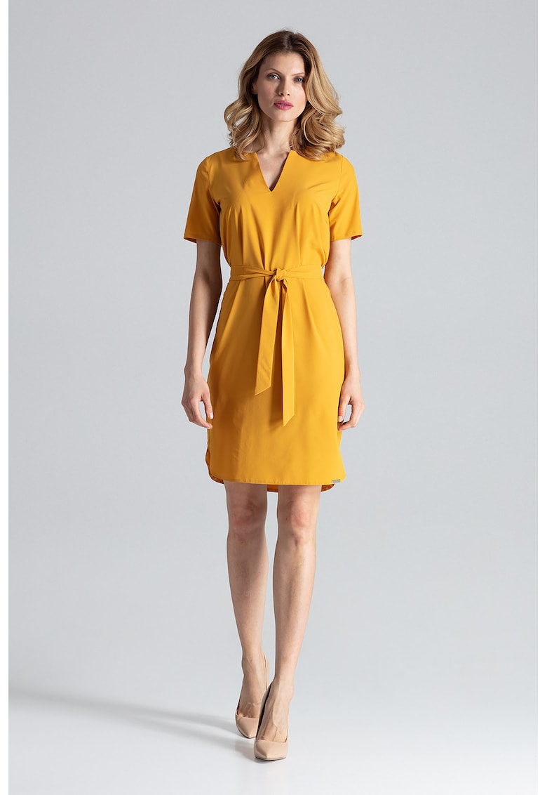 Rochie midi mustar  galben - maneci scurte - poliester -