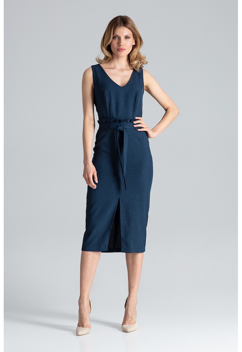 Rochie midi  bleumarin - decolteu in V - poliester