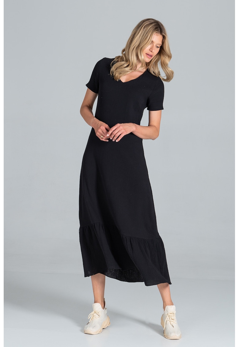 Rochie midi -  neagra - cu maneci scurte - bumbac