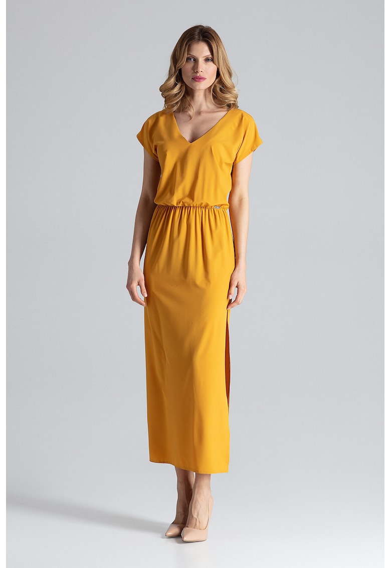 Rochie maxi  galbena - eleganta - cu fanta - perfecta pentru vara - poliester