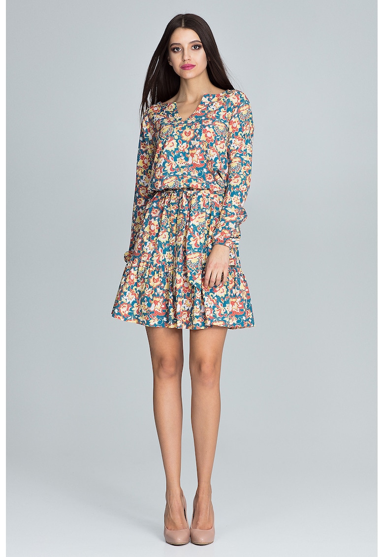 Rochie scurta florala  multicolor - cu maneci lungi - poliester si elastan