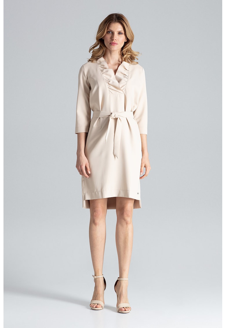 Rochie  eleganta - bej - cu volan pe decolteu - legata cu curea - poliester