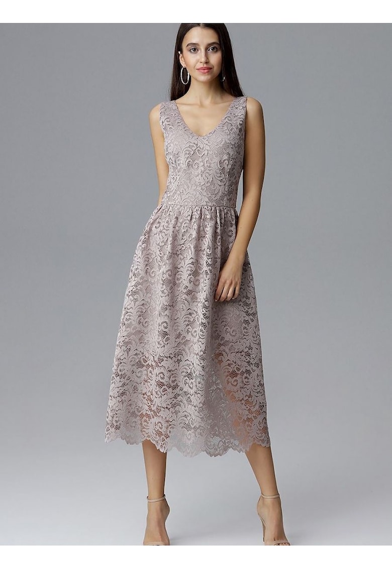 Rochie de seara  lunga 7/8 - dantela - decolteu frumos - bej - poliester-elastan -