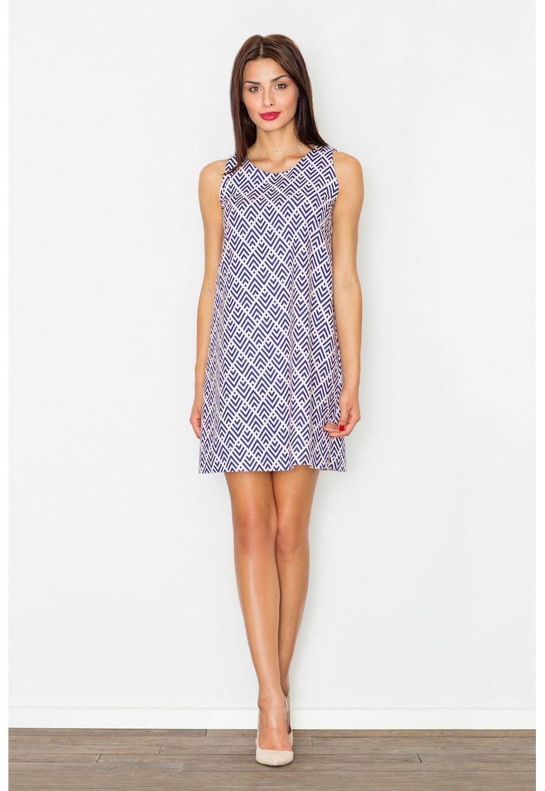 Rochie trapez  model geometric - poliester - albastru - alb -