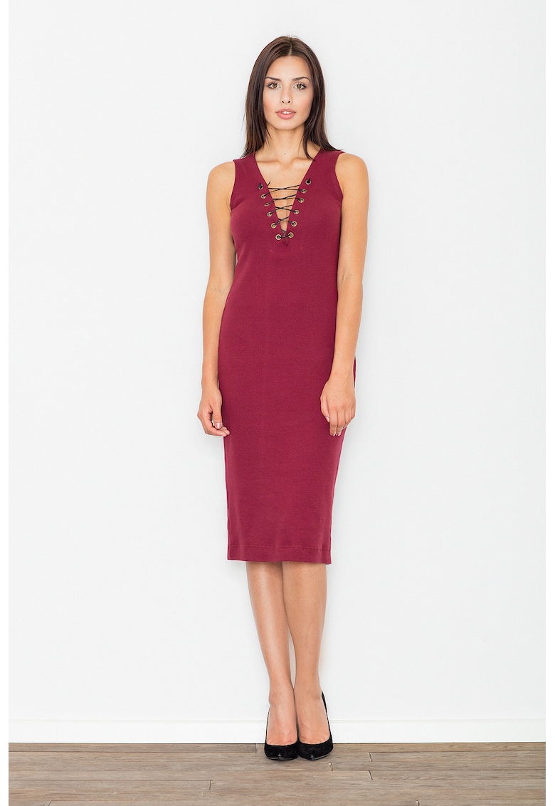 Rochie midi  M487 - rosu - bumbac - cu decolteu ajustabil -