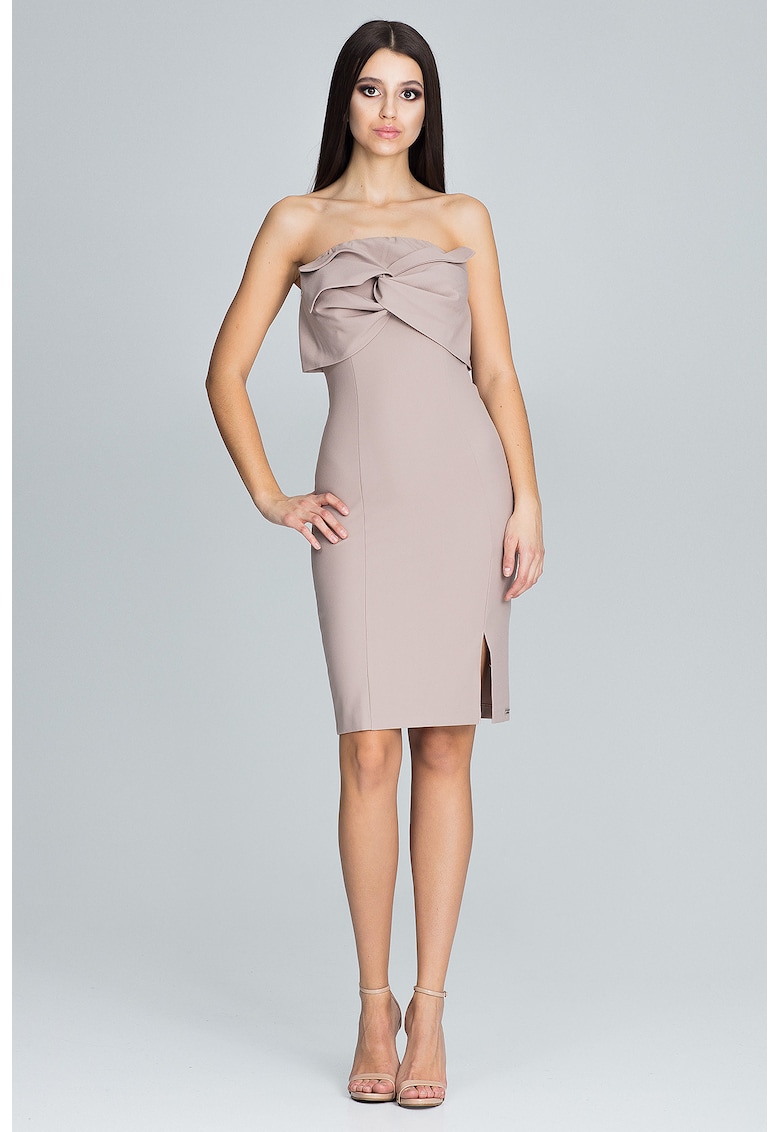 Rochie de seara  eleganta - fara bretele - bej - cu fundita - poliester