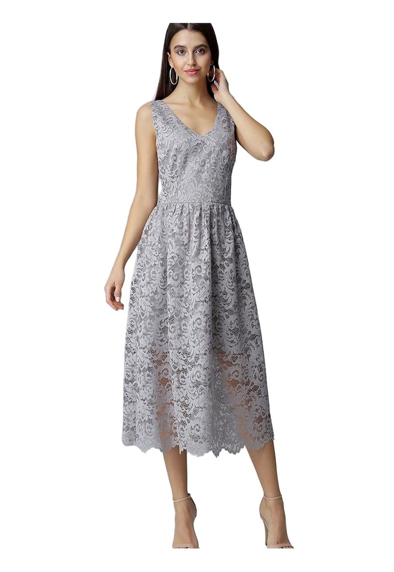 Rochie de seara  lunga din dantela - gri - fara maneci - cu decolteu elegant - captusita - poliester