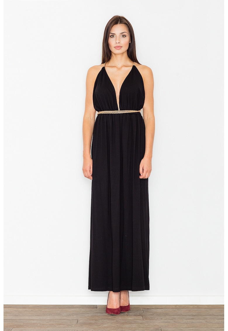Rochie maxi -  M483 - decolteu in V - spate deschis - neagra - viscoza