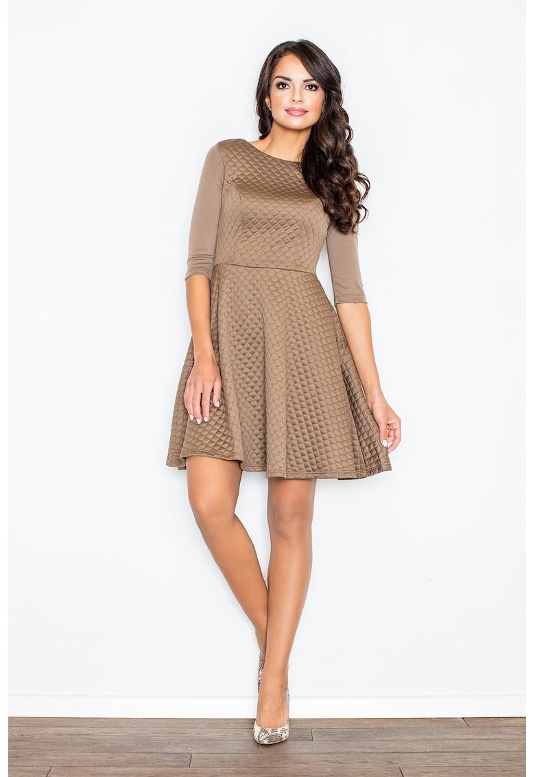 Rochie  matlasata evazata - cu maneci 3/4 - bej - poliester