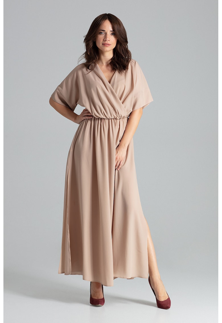 Rochie lunga  L055 - eleganta - cu talie elastica - bej - poliester 100%