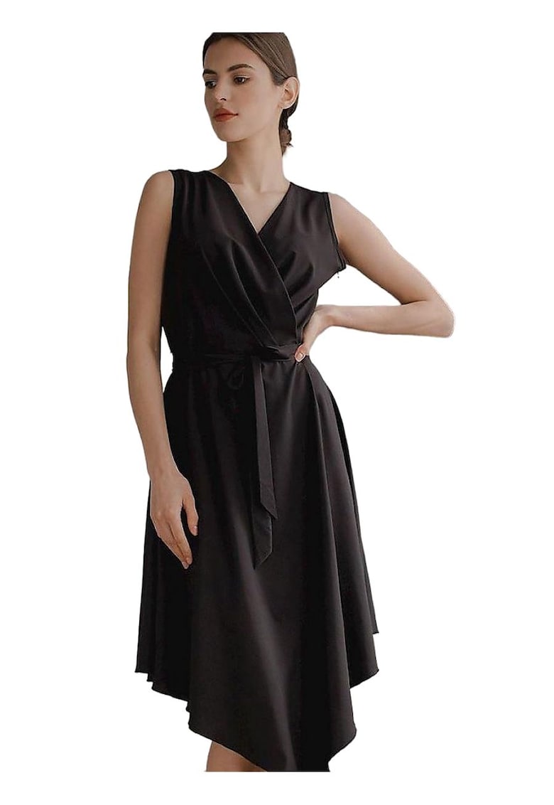 Rochie midi -  Negru - Fara maneci - Cu curea decorativa - Poliester/Elastan