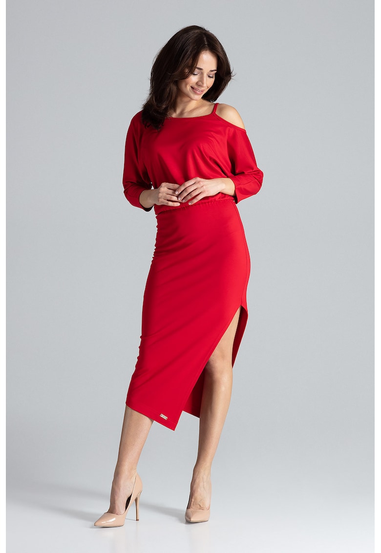 Rochie mulata  K479 - asimetrica - rosu - poliester - elastan - viscoza -