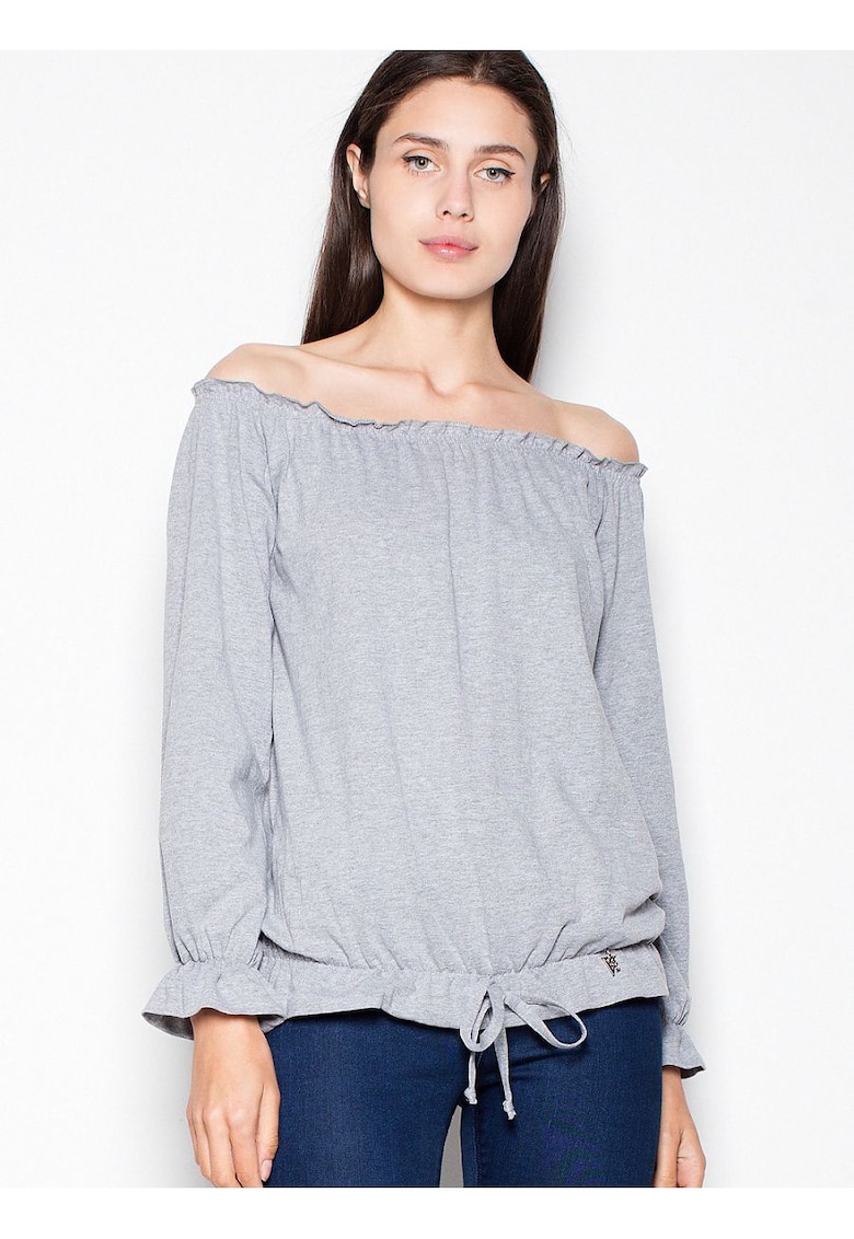 Bluza dama  gri - bumbac - maneca lunga - model lejer cu pliuri