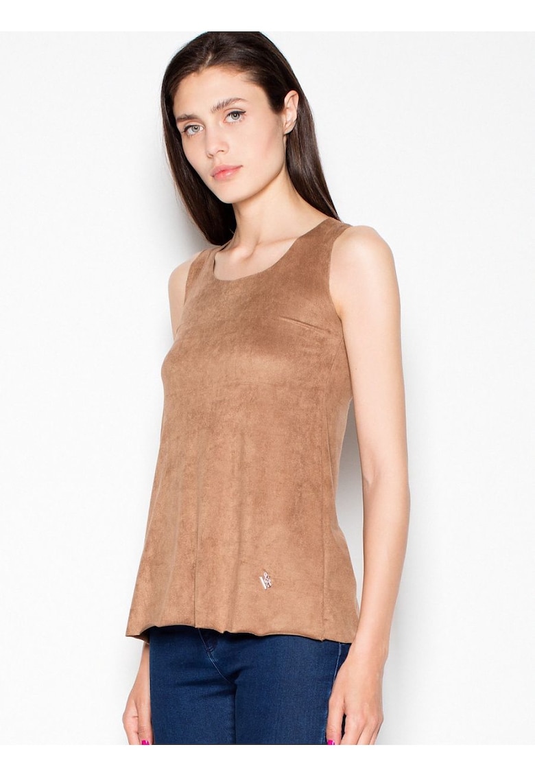 Bluza dama -  piele intoarsa - decolteu semicircular - maro - poliester
