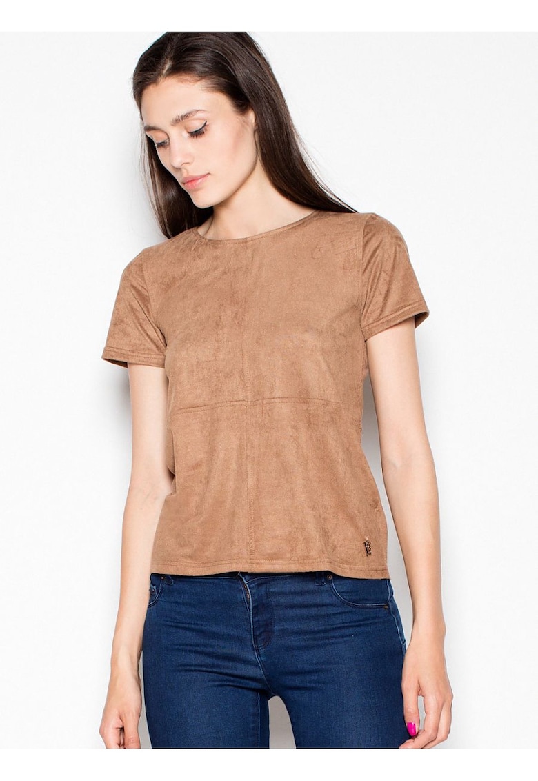 Tricou dama  piele intoarsa - maneci scurte - decolteu semicircular - maro