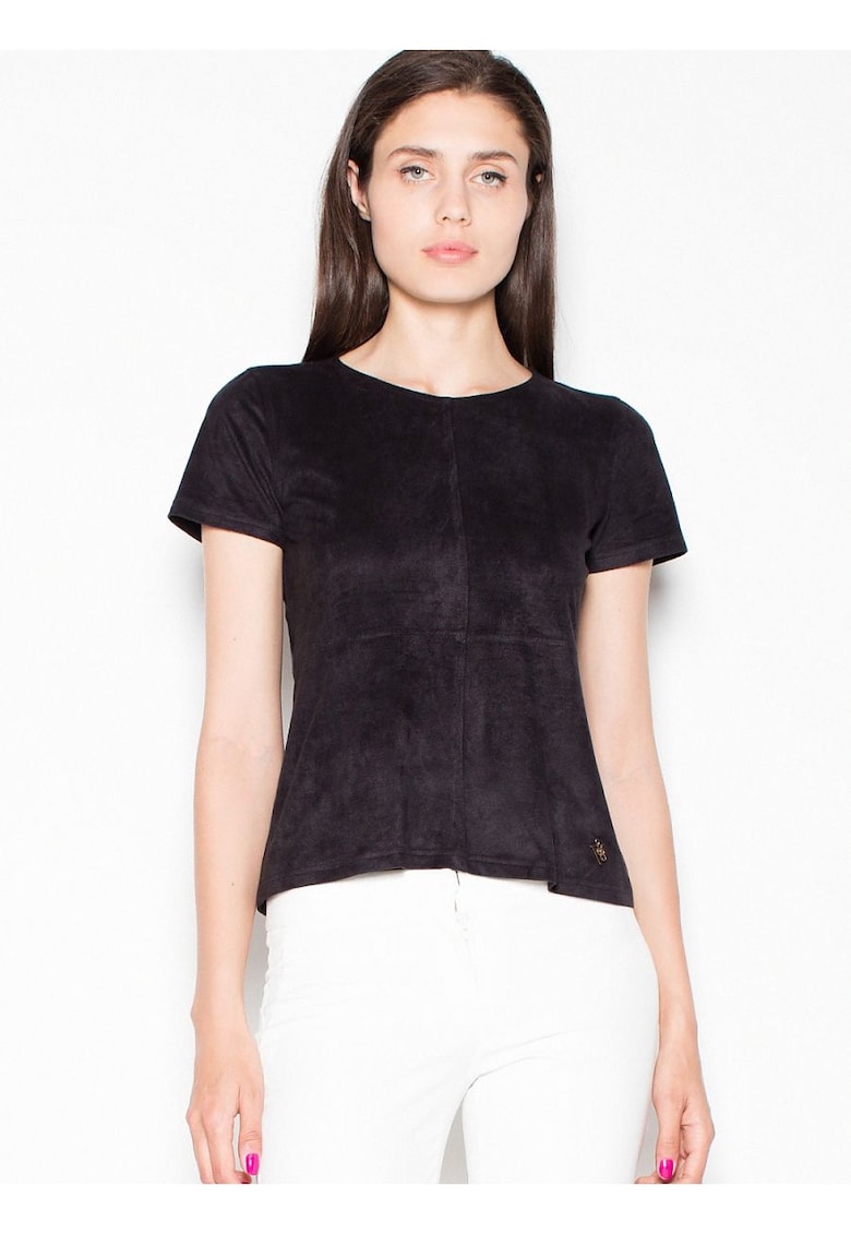 Bluza dama -  neagra - cu maneci scurte din piele intoarsa - fermoar decorativ auriu