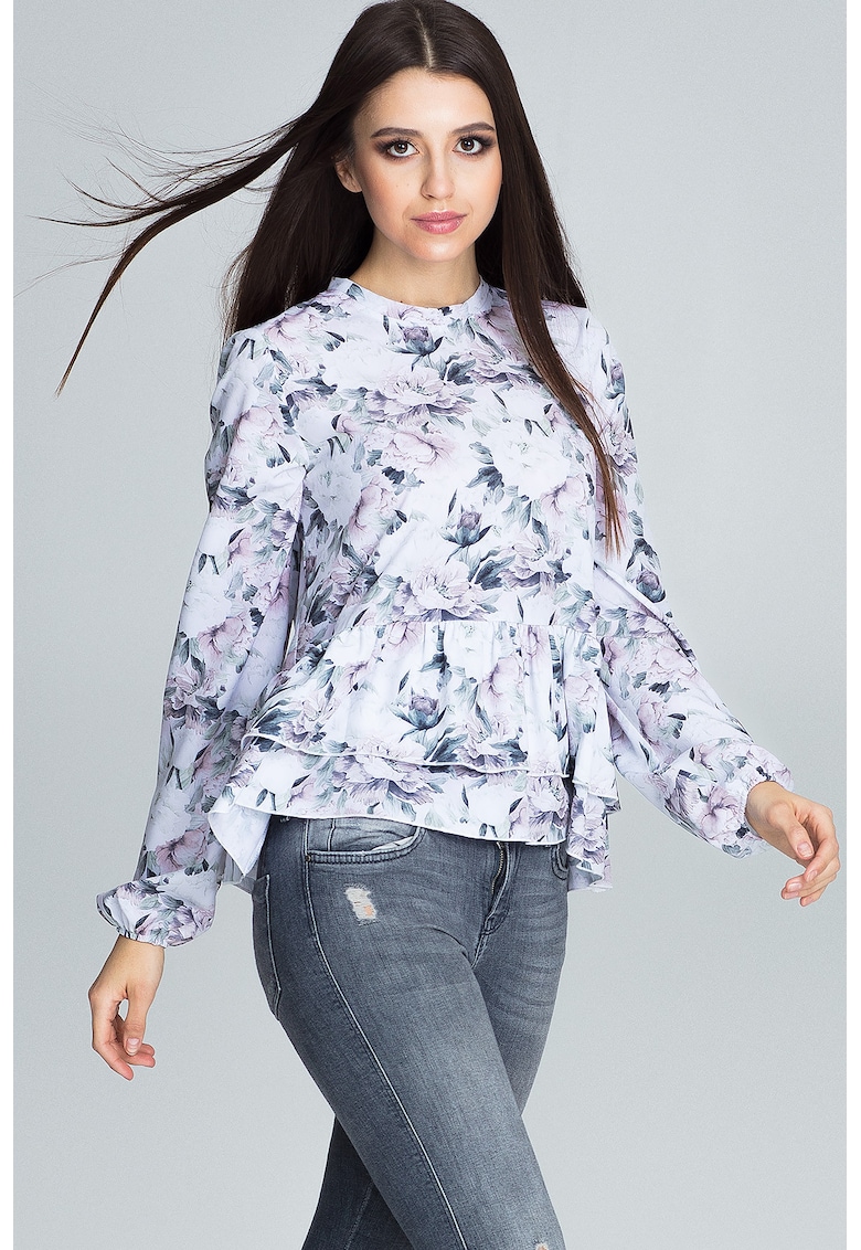 Bluza femei -  Poliester/Elastan - Cu volane - Model cu flori - Multicolor