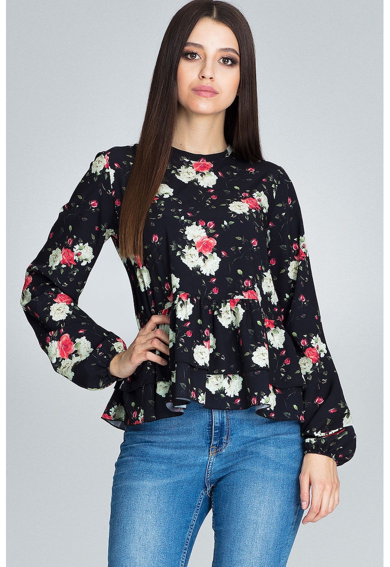 Bluza dama -  Cu flori - Poliester/Elastan - Cu volane - Multicolor