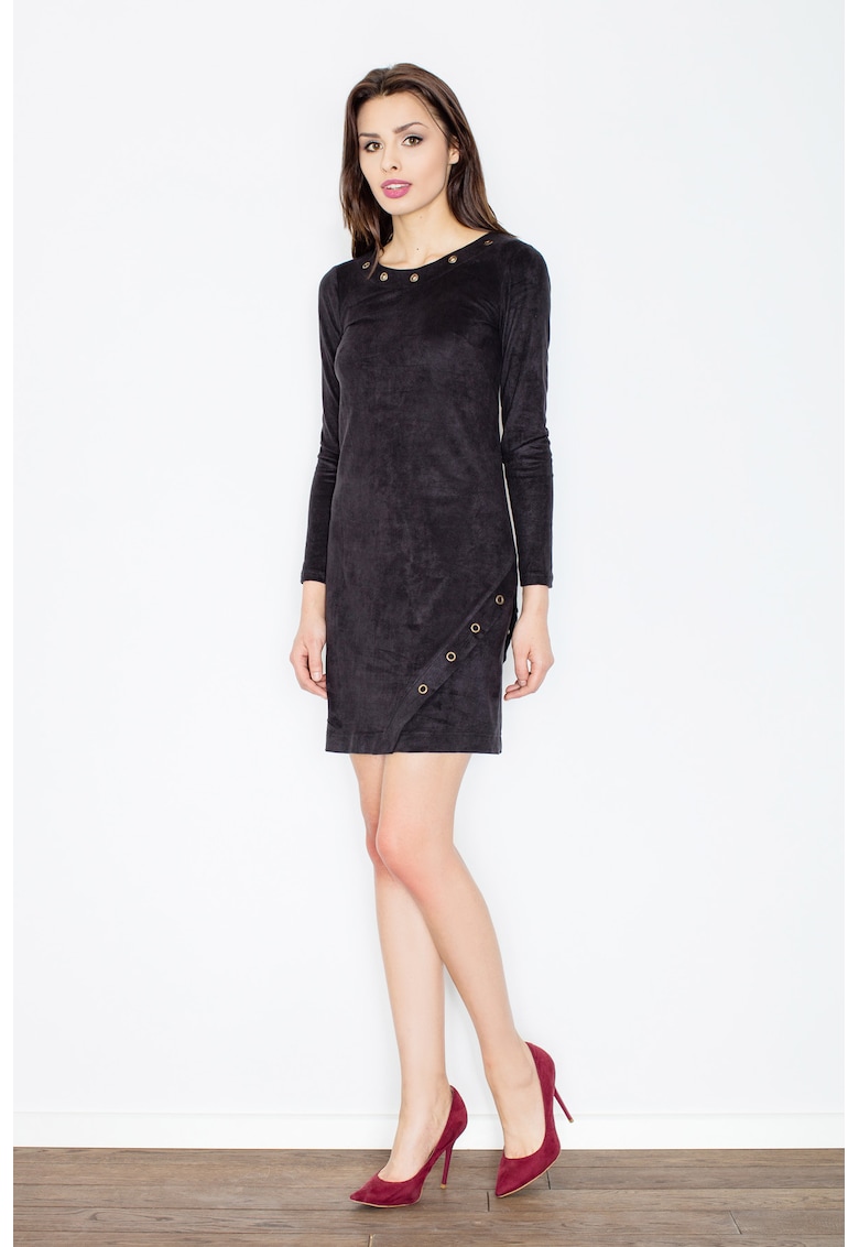 Rochie  eleganta - din piele intoarsa - neagra - cu maneca lunga