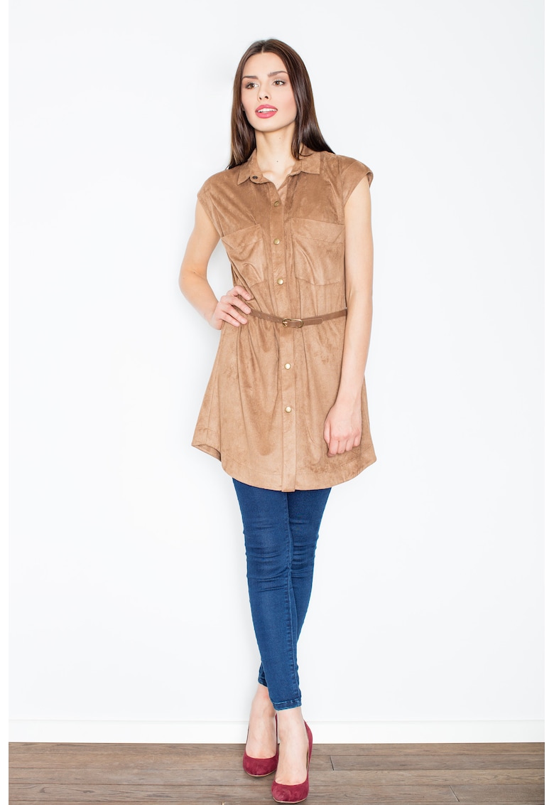 Rochie  maro - piele intoarsa - cu capse si curea - poliester