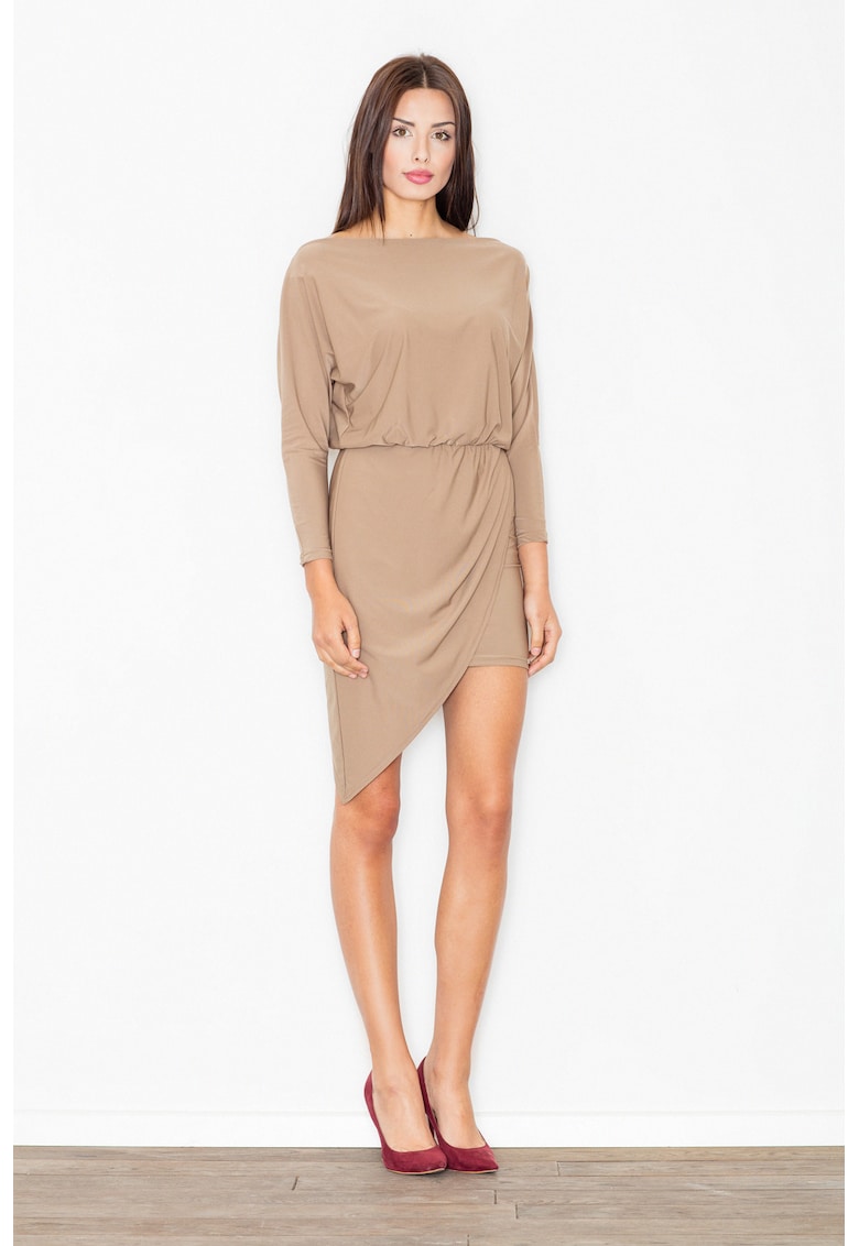 Rochie  asimetrica - bej - cu maneci lungi - poliester - eleganta - versatila