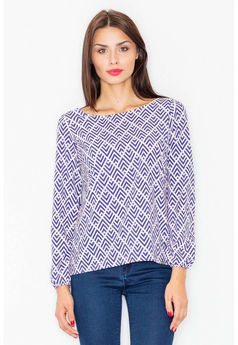 Bluza dama -  Poliester/Elastan - Model geometric - Alb/Albastru -