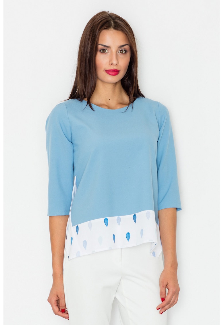 Bluza dama -  Maneci trei sferturi - Poliester - Albastru deschis/Alb