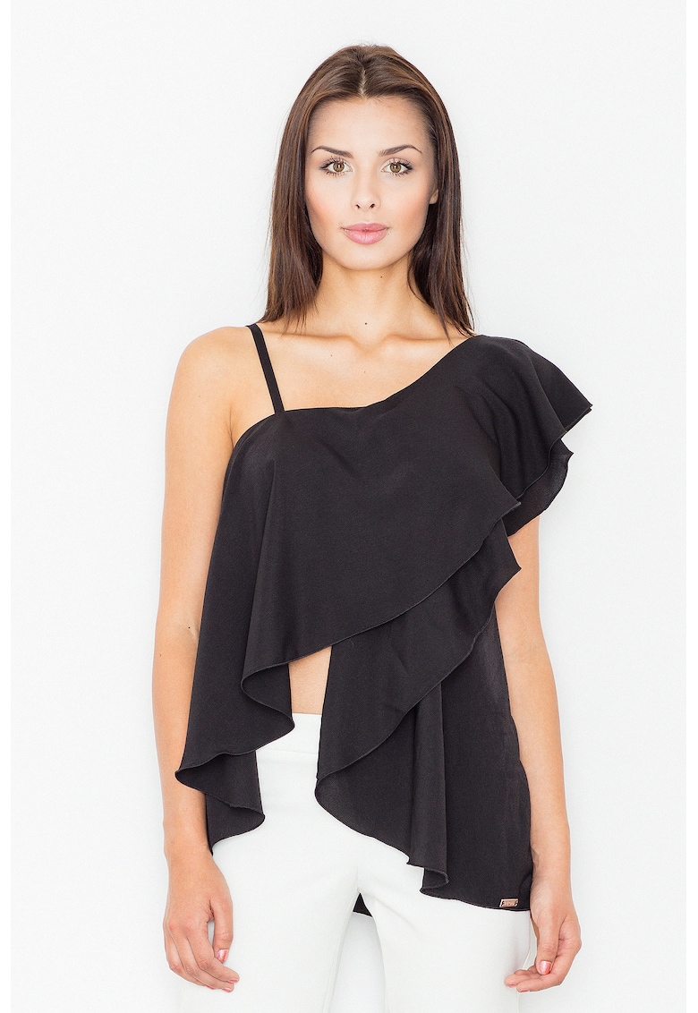 Bluza dama -  Poliester/Elastan/Viscoza - Cu volane - Negru