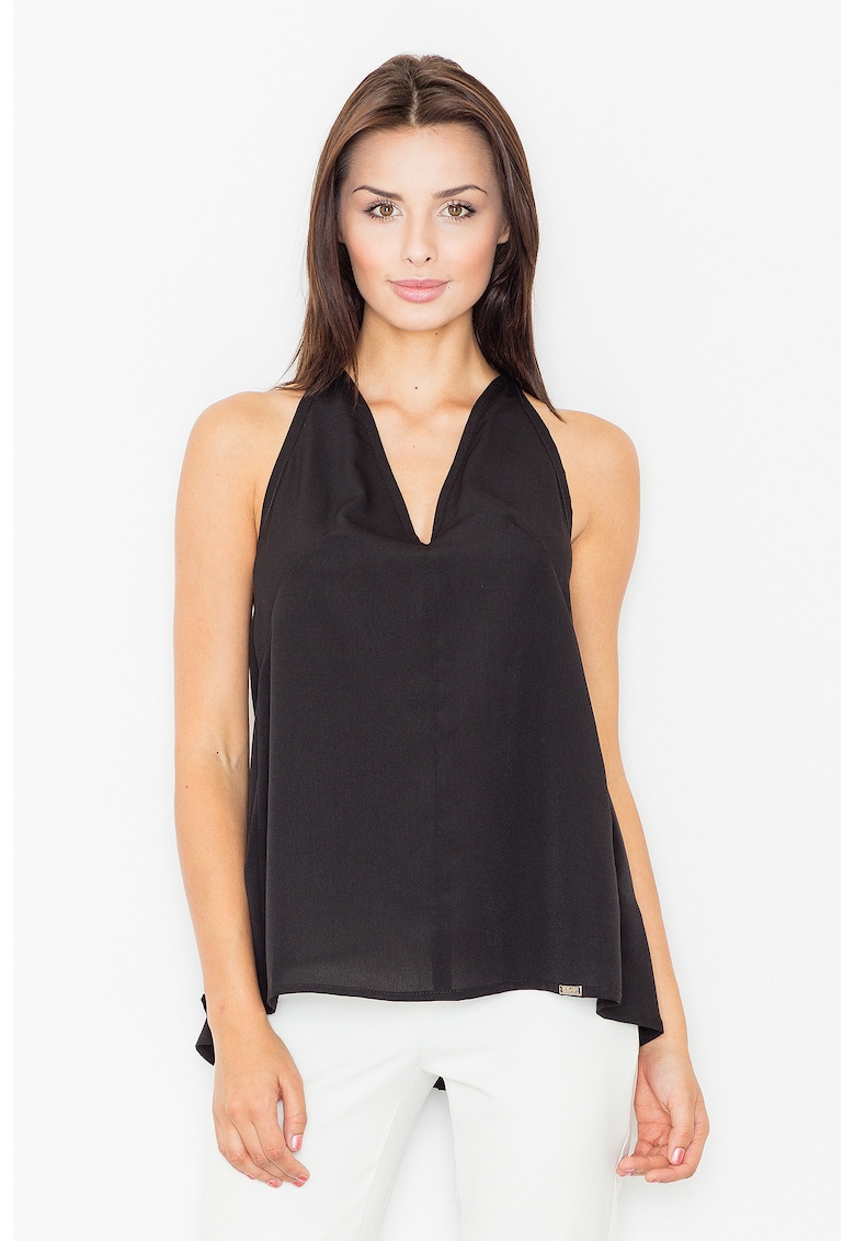 Bluza dama -  Poliester/Elastan/Viscoza - Spatele deschis - Decolteu V - Negru