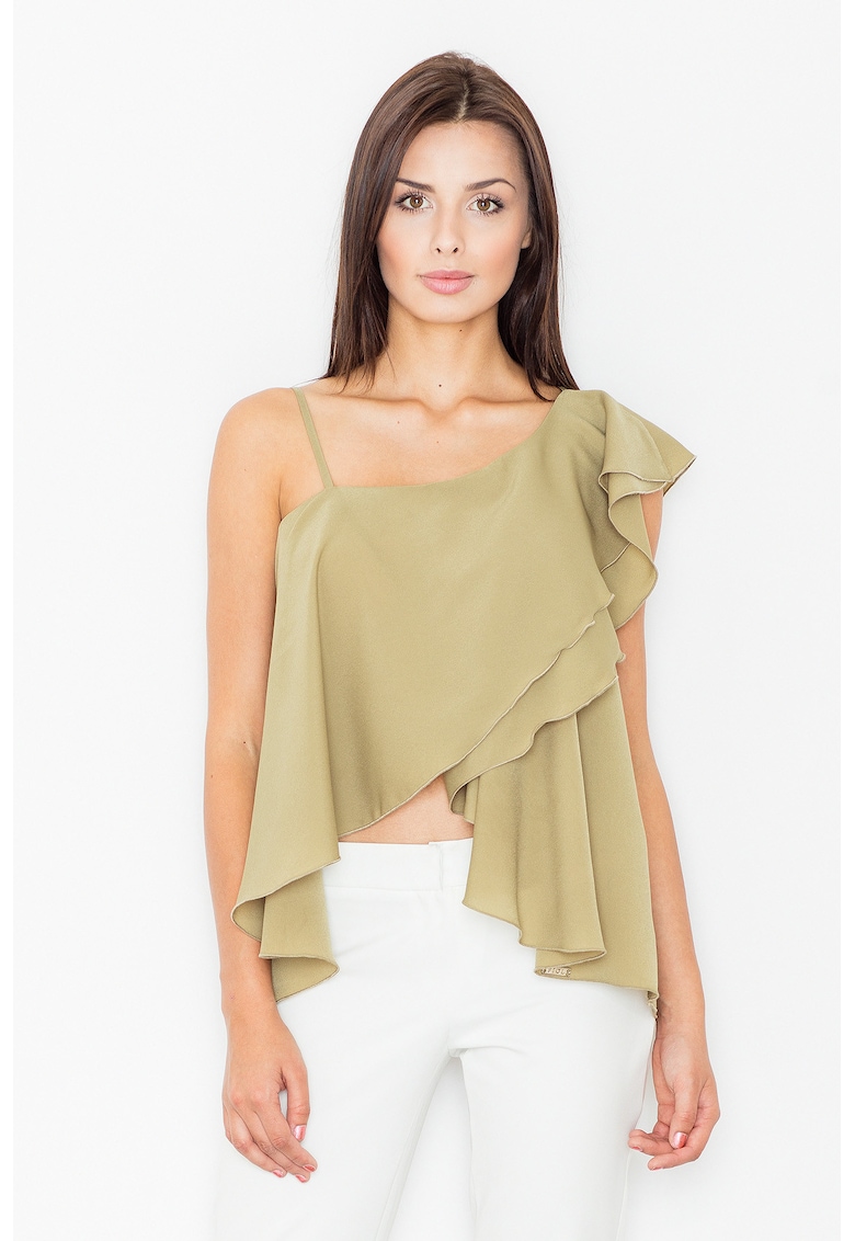 Bluza dama -  Poliester/Elastan/Viscoza - Cu volane - Masliniu