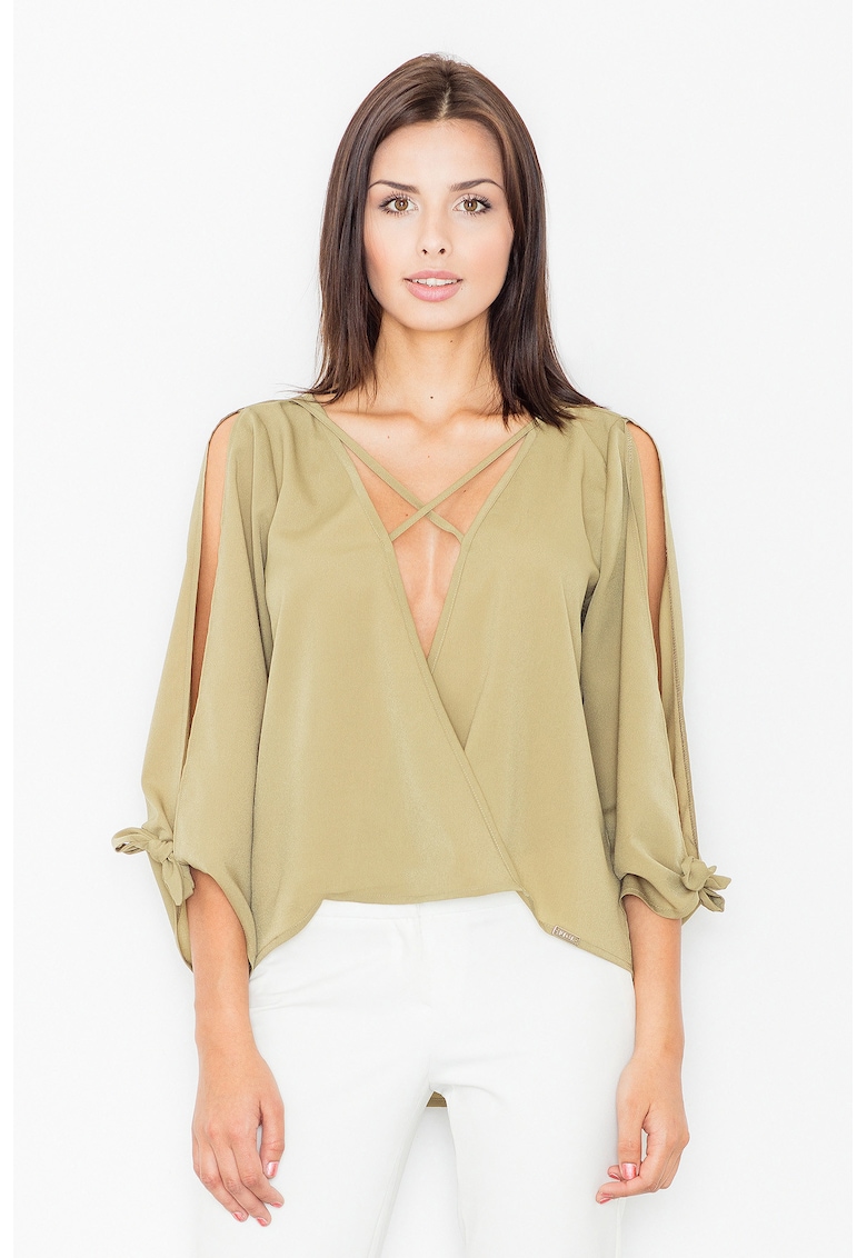 Bluza dama -  Maneci decupate - Poliester/Elastan/Viscoza - Masliniu -