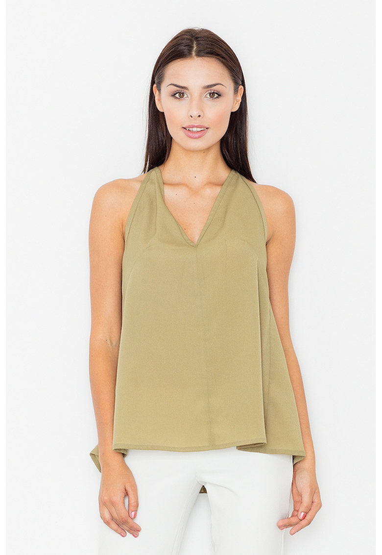 Bluza dama -  Poliester/Elastan/Viscoza - Spatele deschis - Decolteu V - Masliniu
