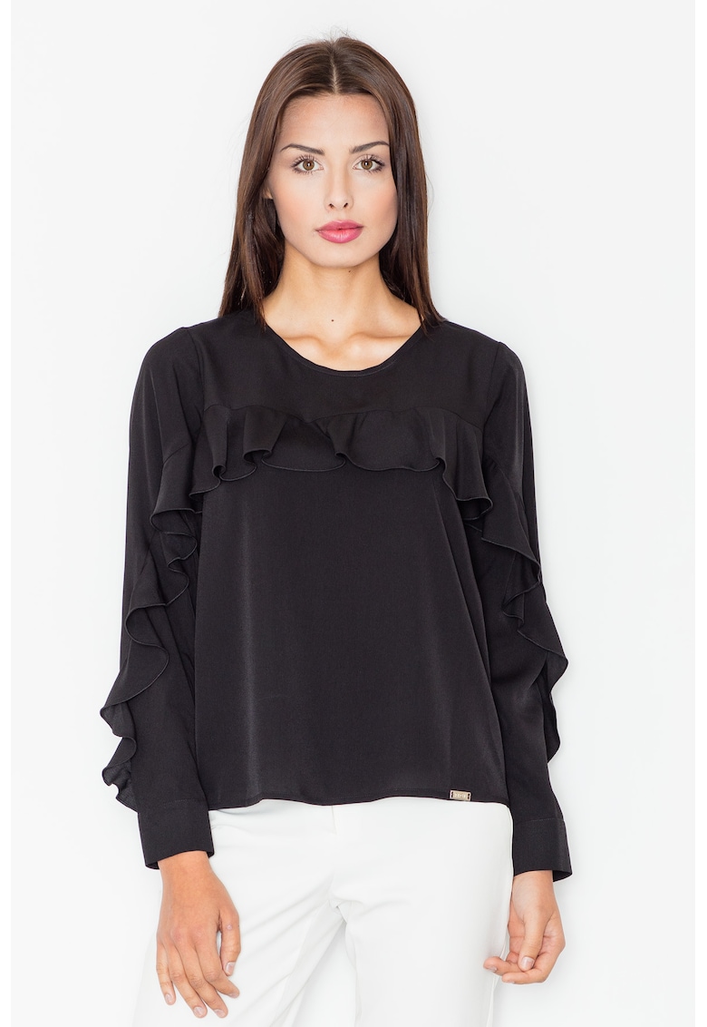 Bluza dama cu volane -  Poliester/Elastan/Viscoza - Negru