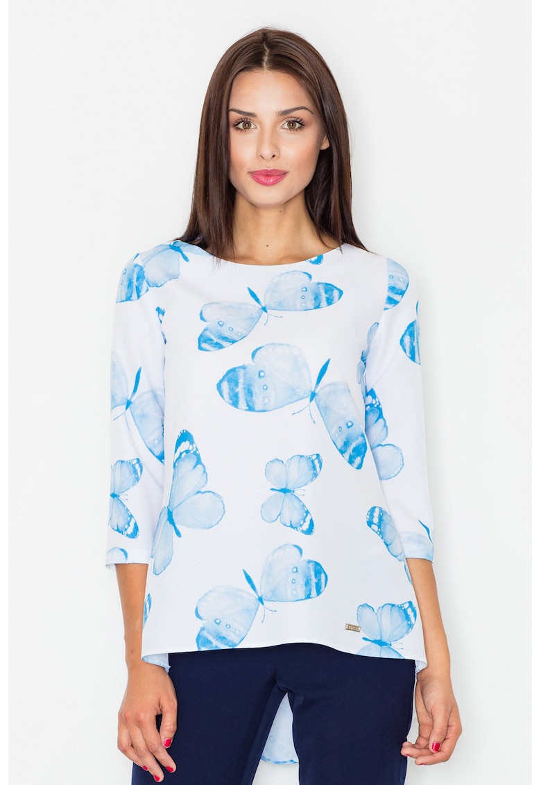 Bluza dama Fluturi -  Poliester - Alb/Albastru