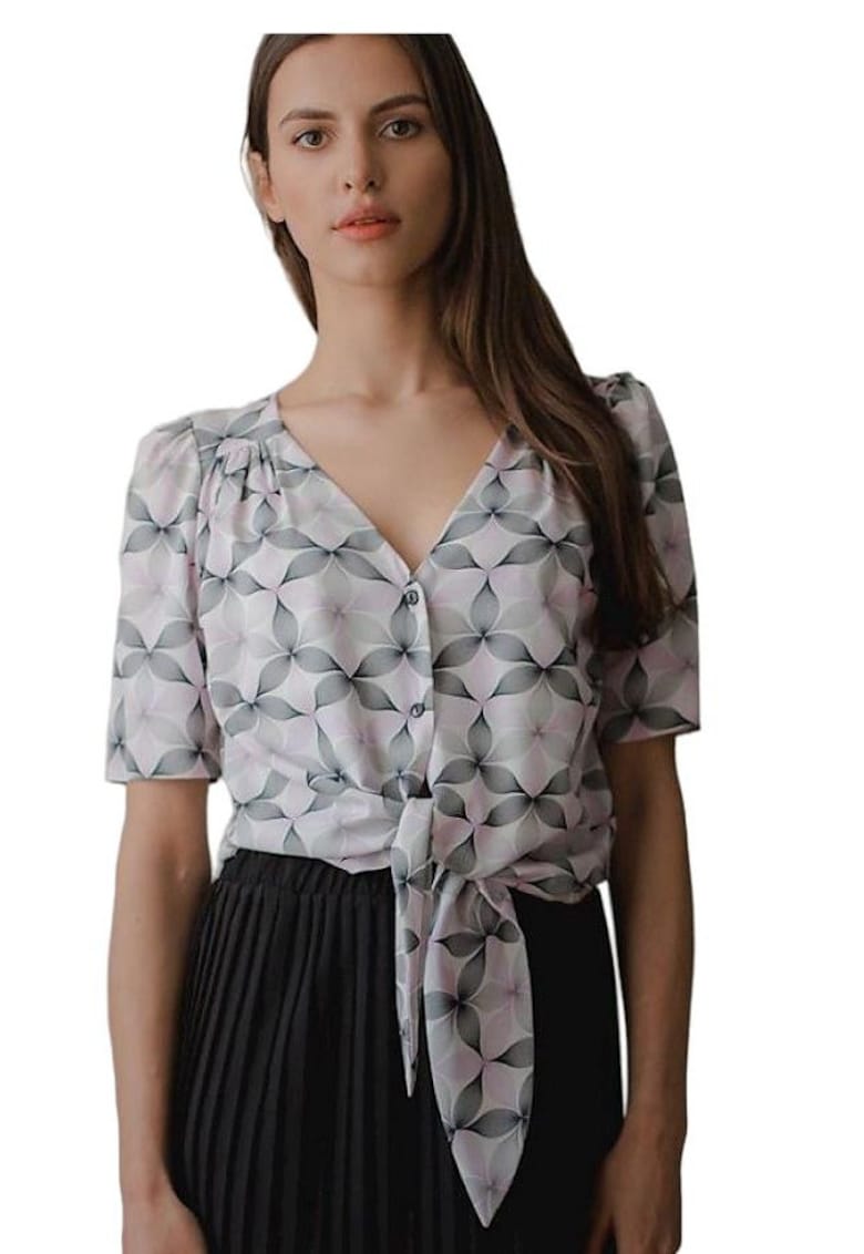 Camasa scurta -  cu decolteu in forma de inima - maneci scurte plisate - multicolor - poliester