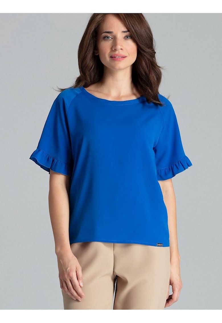 Bluza dama -  cu maneci scurte - volan - albastru - poliester