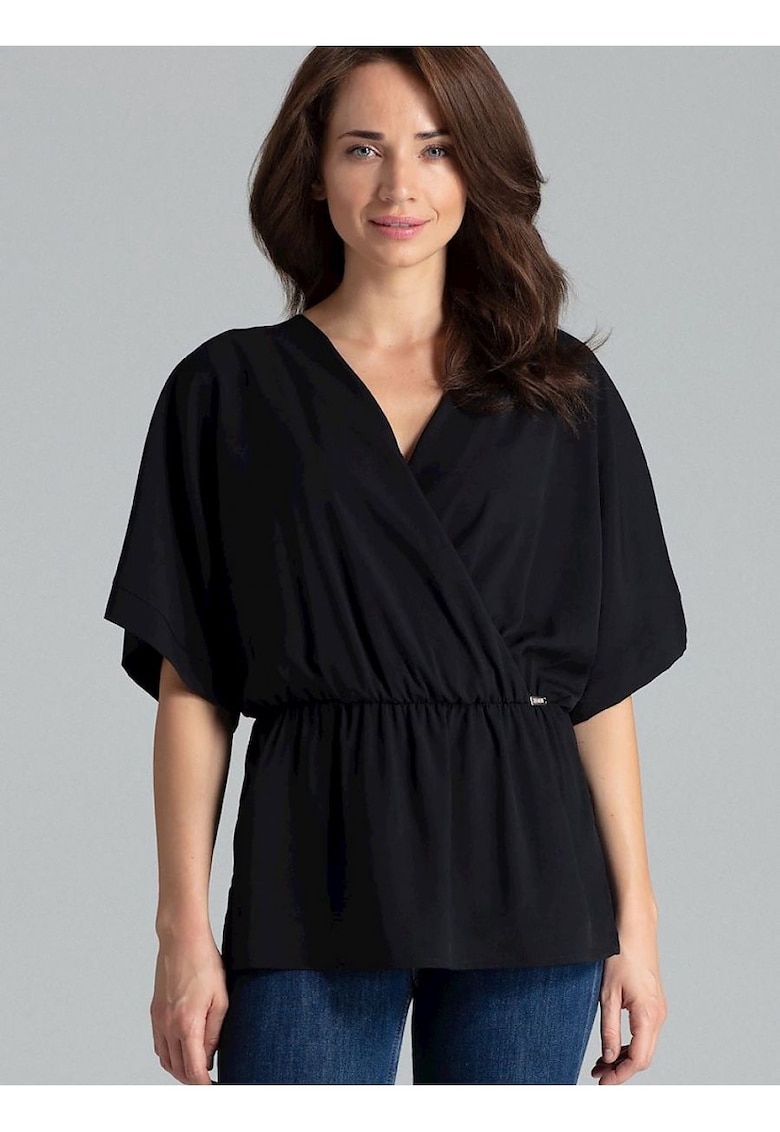 Bluza dama -  neagra - cu maneci kimono - elastica - din poliester -