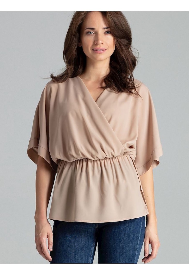 Bluza dama  bej - lejera - cu maneci kimono - din poliester