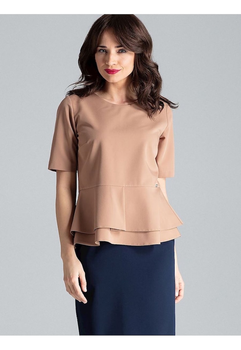 Bluza dama -  cu maneci scurte - decolteu semicircular - bascul dublu - maro - poliester 65% - viscoza 35% -
