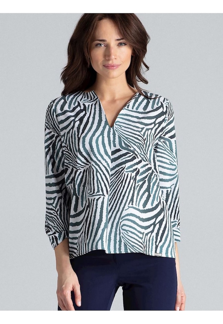 Bluza dama  multicolor - maneci lungi - decolteu in V - pliuri contrastante