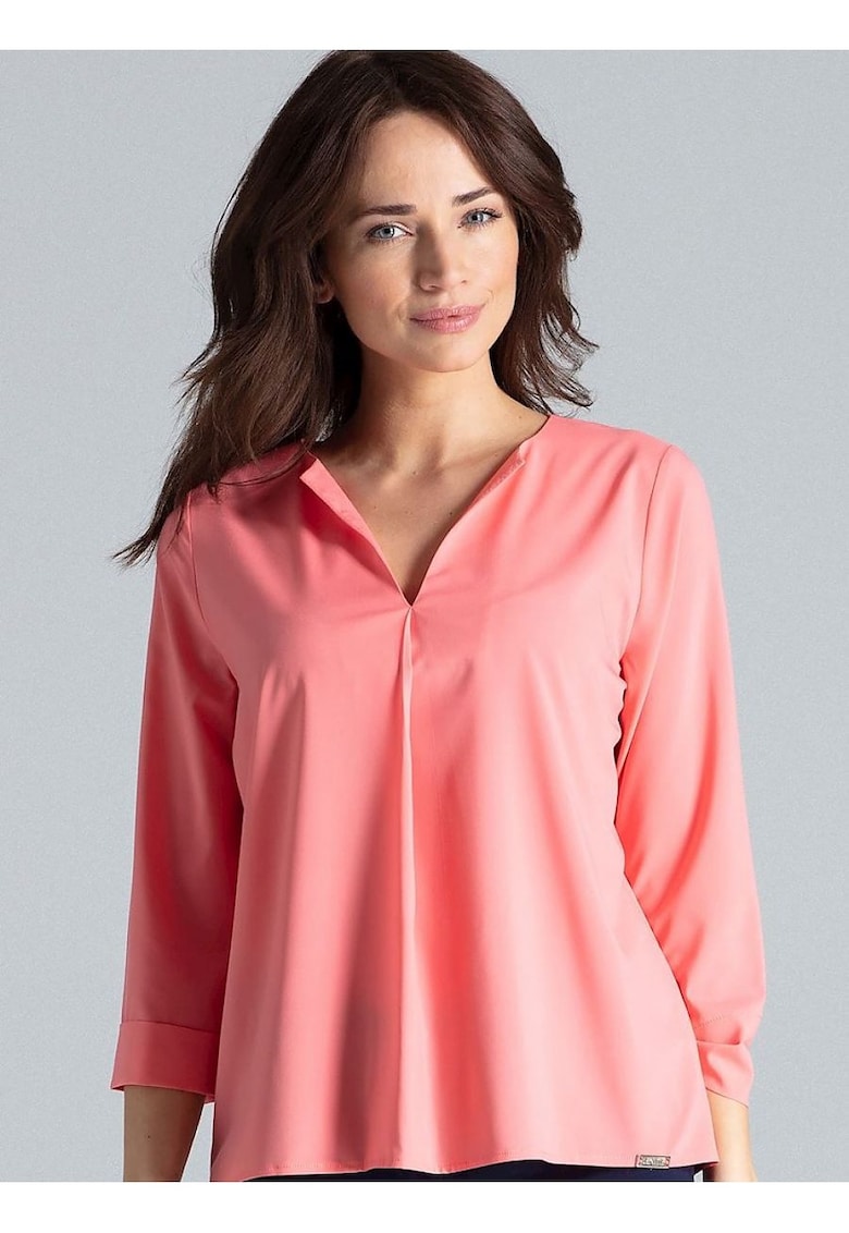 Bluza dama -  roz - maneci lungi - decolteu in V - poliester