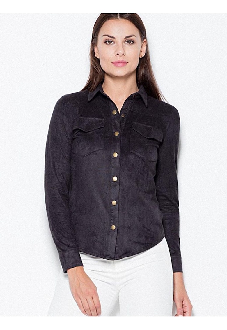 Camasa dama  lunga - neagra - din piele intoarsa - cu nasturi metalici - 95% poliester - 5% elastan