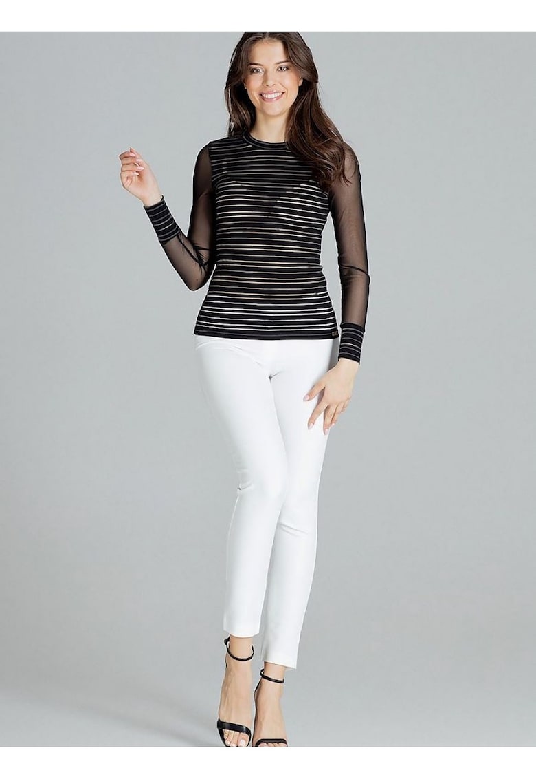 Bluza dama -  cu dungi negre - maneci lungi din plasa - negru - viscoza.