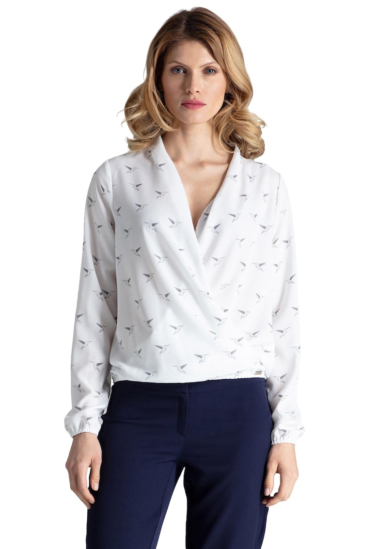 Bluza eleganta  M371 - imprimeu cu pasari - alb - poliester
