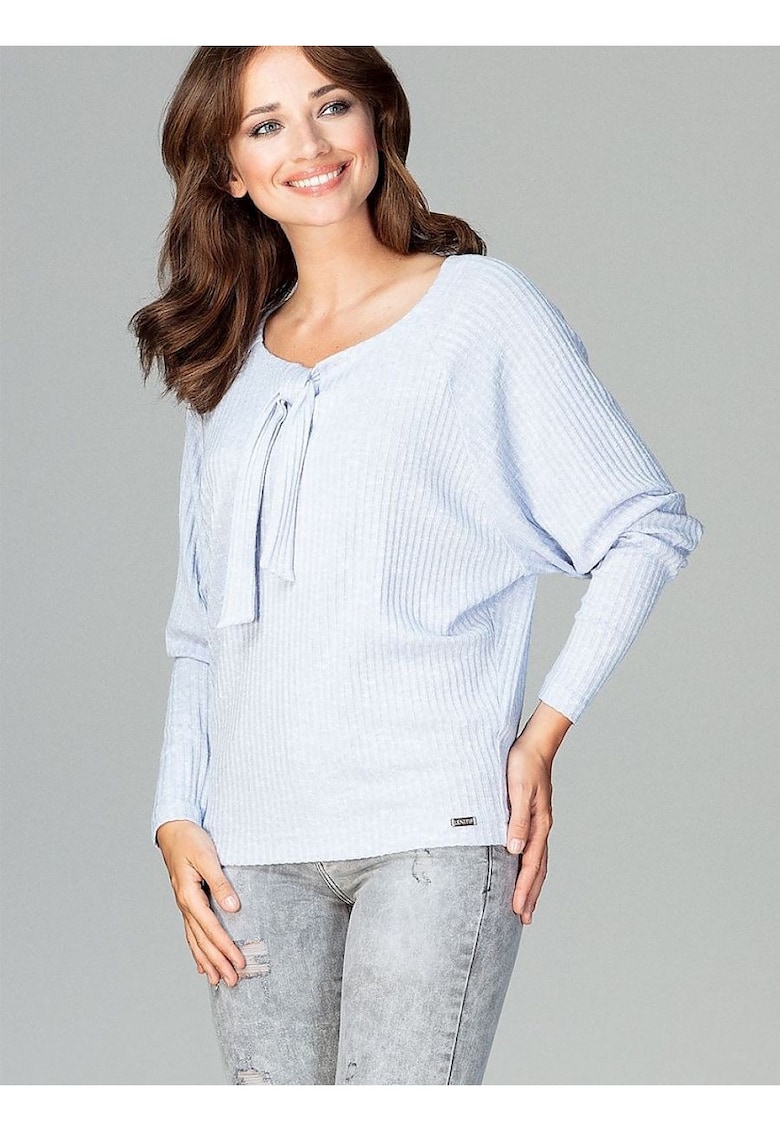 Bluza dama  albastra - tricotata - maneci lungi - decolteu cu papion - viscoza