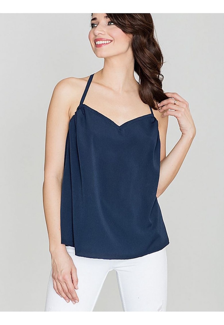 Bluza dama -  bleumarin - decolteu la spate - volan la spate - poliester.