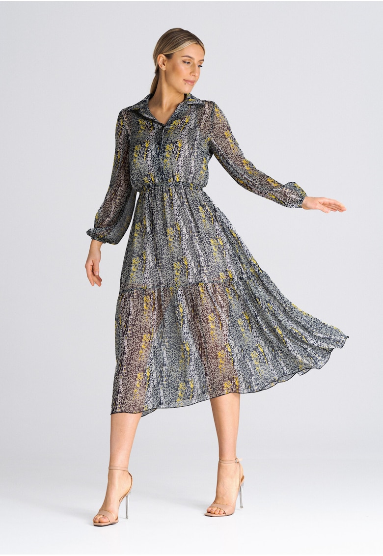 Rochie  evazata - guler gri - floral - poliester